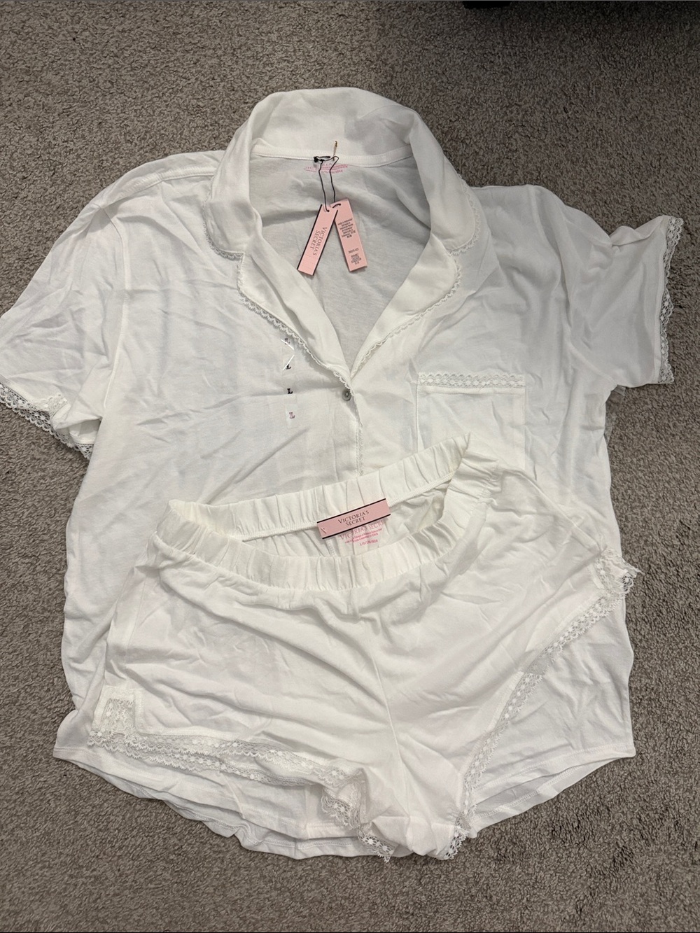 Victoria's Secret White Lace-Trim Short Sleeve Pajama Set